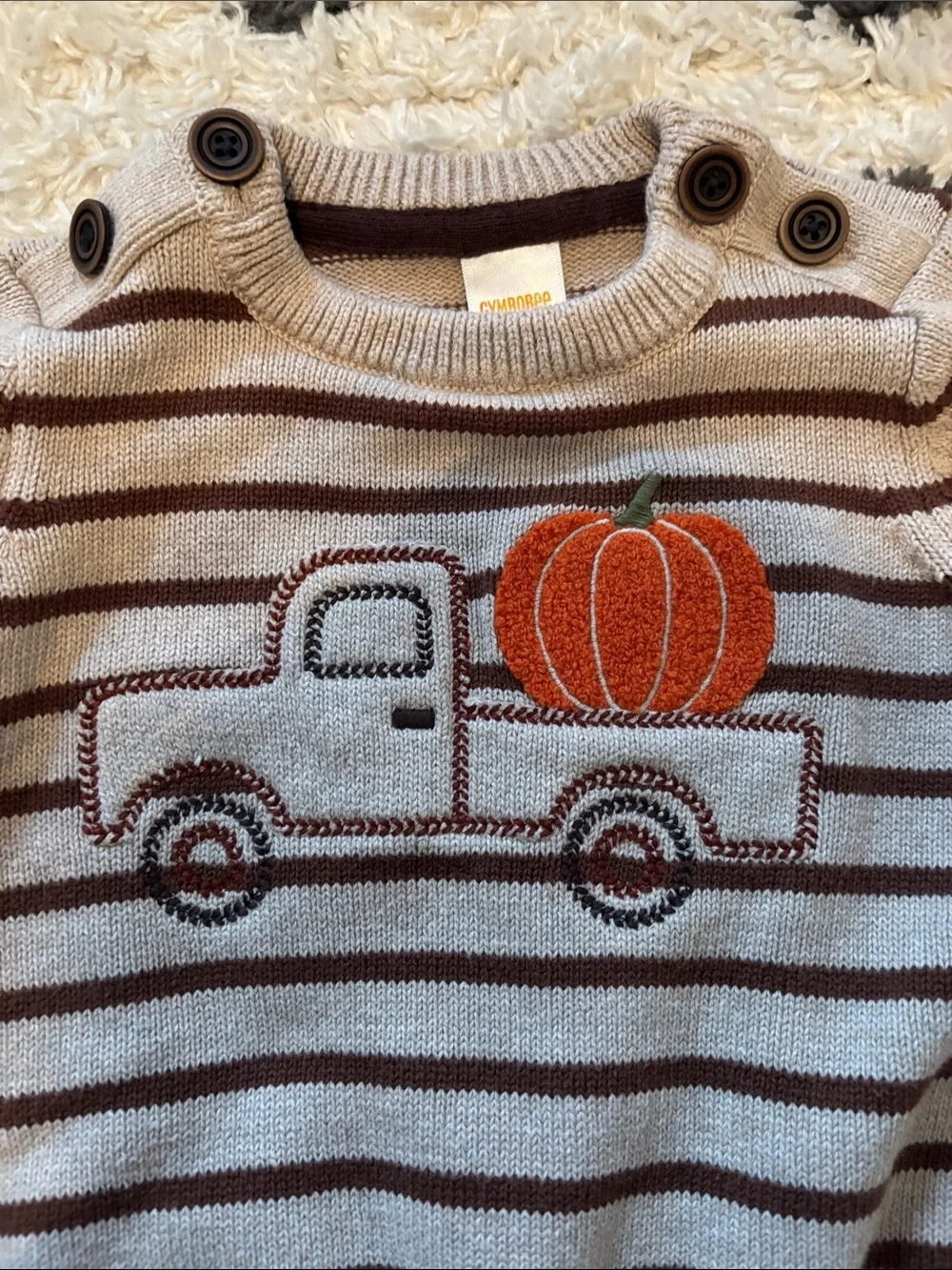 Gymboree Tan & Brown Striped Sweater with Orange Pumpkin Truck